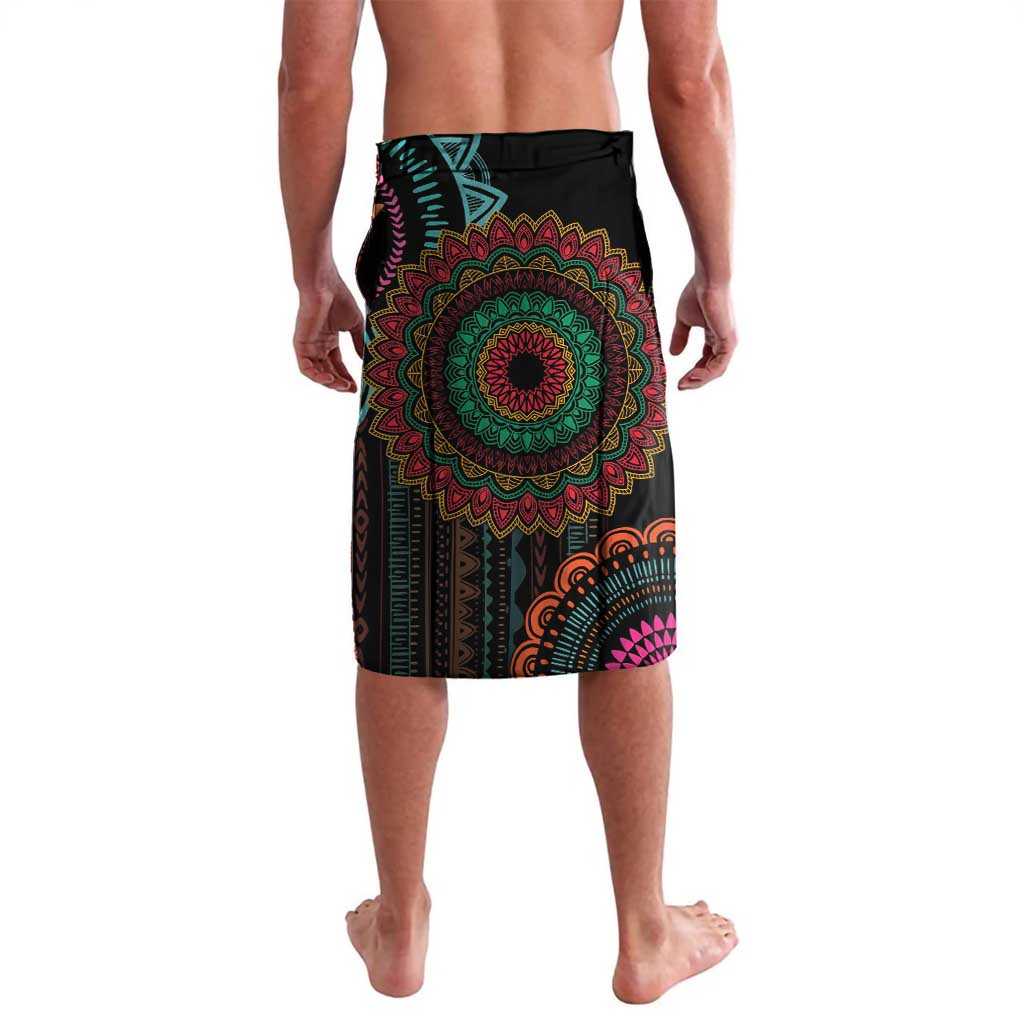 Black mandala sarong skirt with wide center medallion and teal, pink, orange patterns