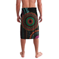 Black mandala sarong skirt with wide center medallion and teal, pink, orange patterns