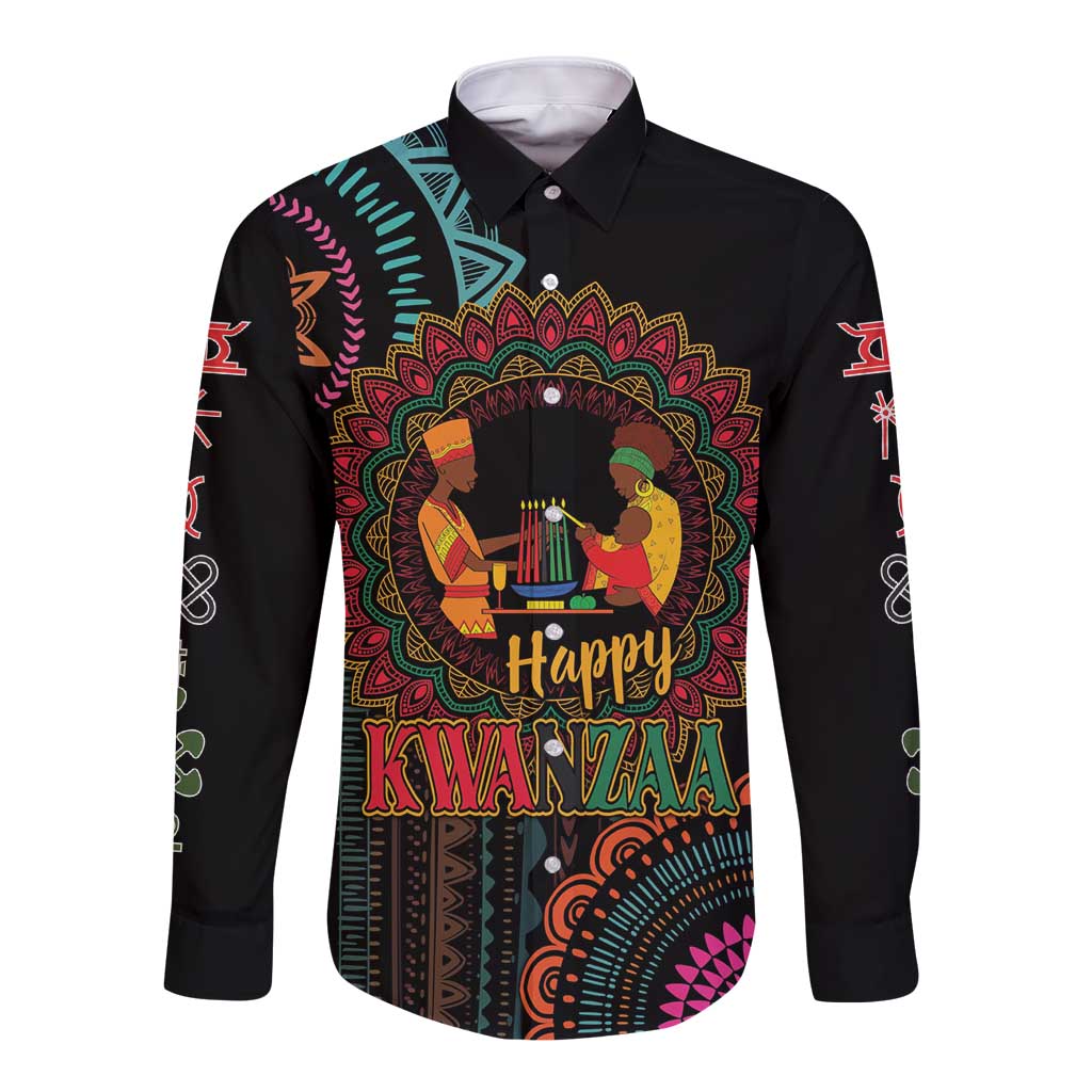 Unisex black long-sleeve button shirt with colorful Kwanzaa mandala and 'Happy Kwanzaa'
