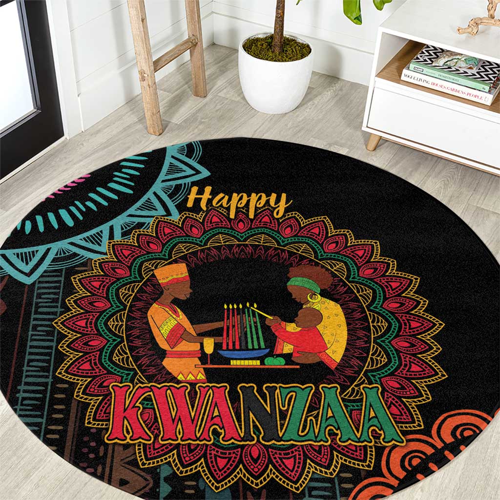 Black round Kwanzaa mandala carpet with “Happy Kwanzaa” text and people illustration.
