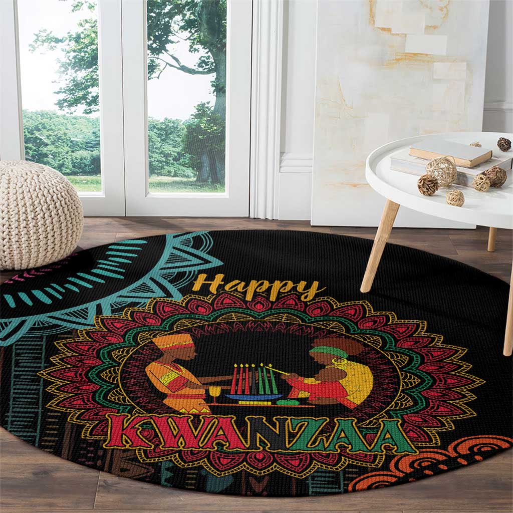 Black round Kwanzaa mandala carpet featuring “Happy Kwanzaa” and seated candleholder art.