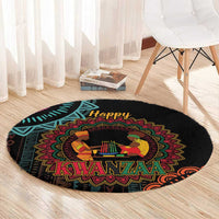 Black round Kwanzaa mandala carpet with “Happy Kwanzaa” and candle scene artwork.