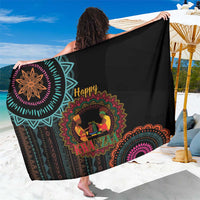 Black African sarong with colorful Kwanzaa mandala print, corner sunburst motif