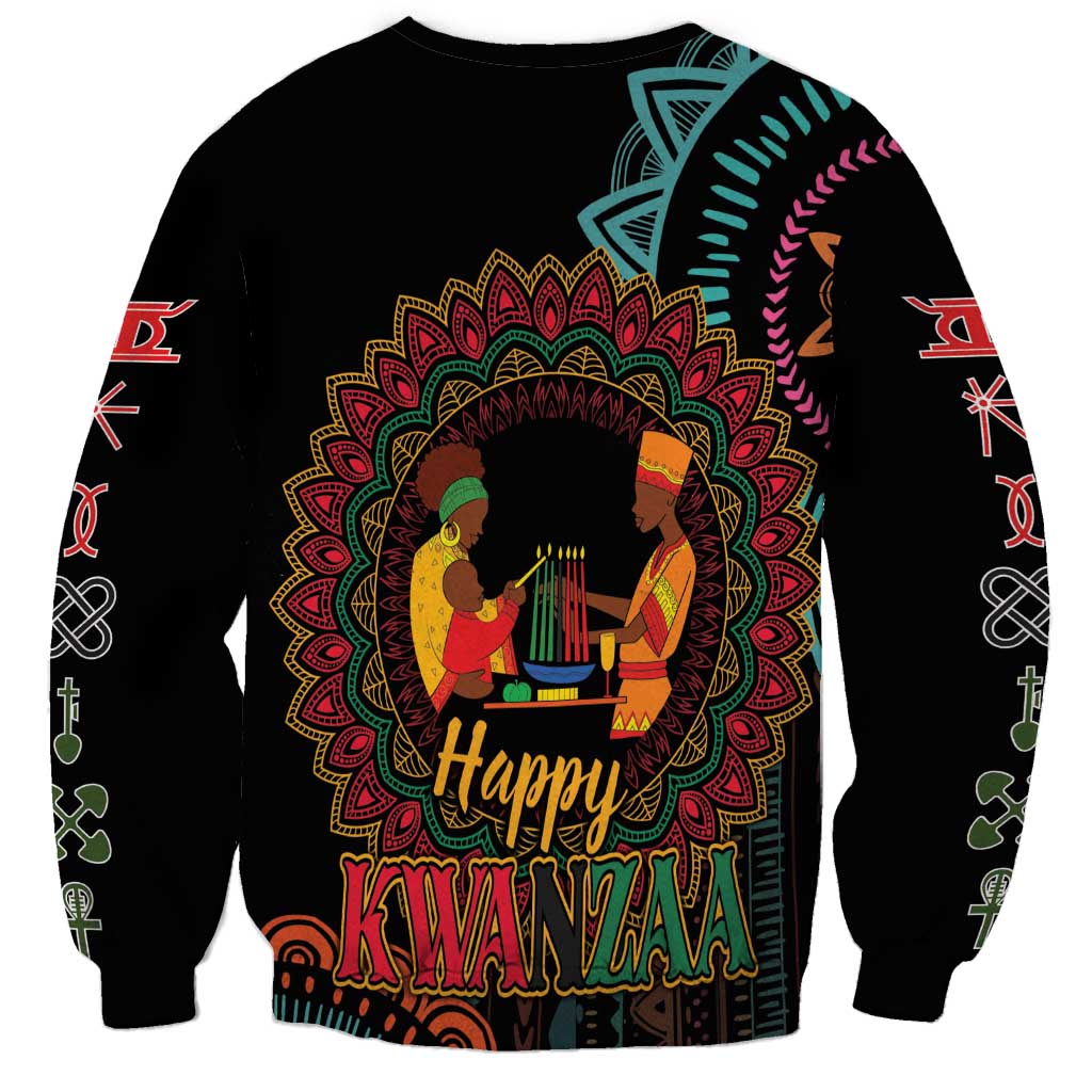 Black unisex sweatshirt with large Kwanzaa mandala graphic and sleeve musical symbols