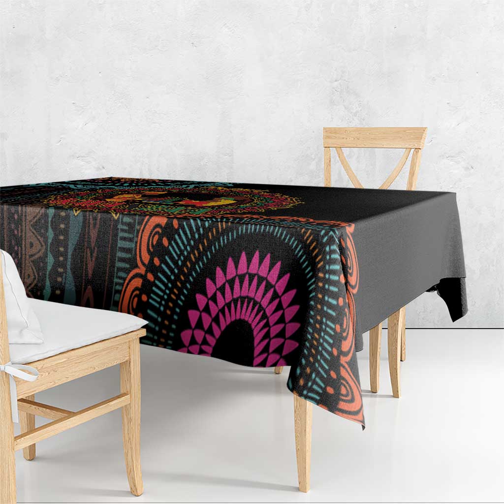 Black tablecloth corner drape with pink magenta fan mandala and orange trim