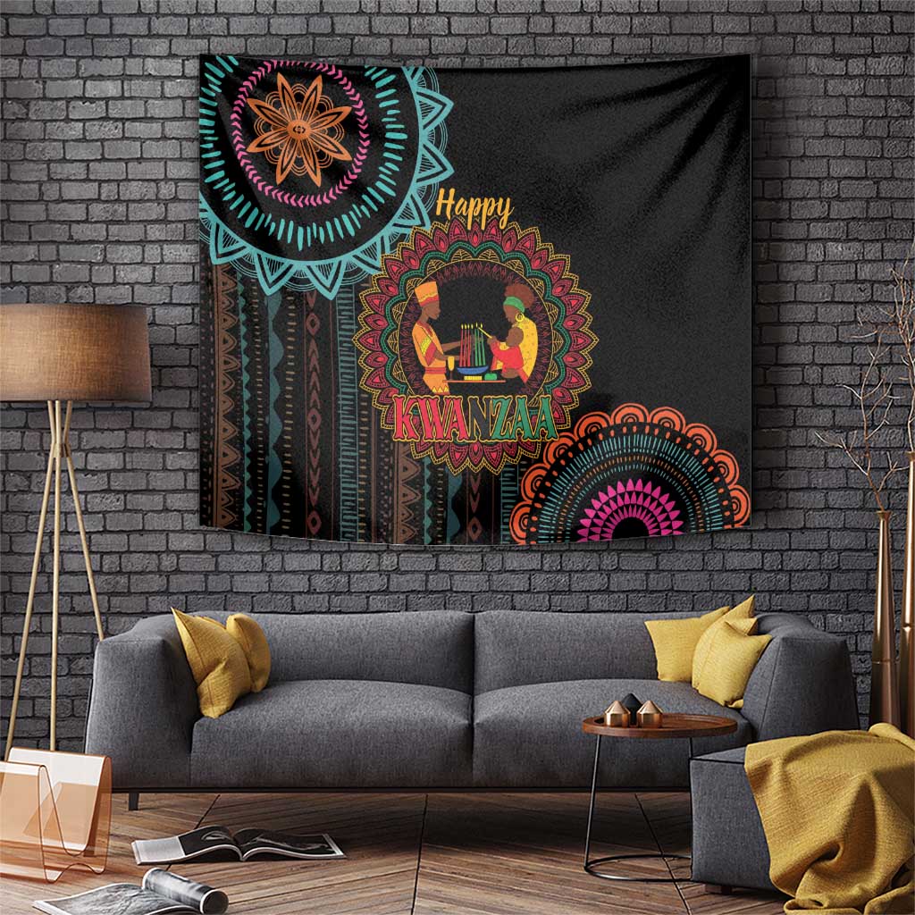 Black Kwanzaa tapestry with colorful mandala patterns and “Happy Kwanzaa” text, candle scene