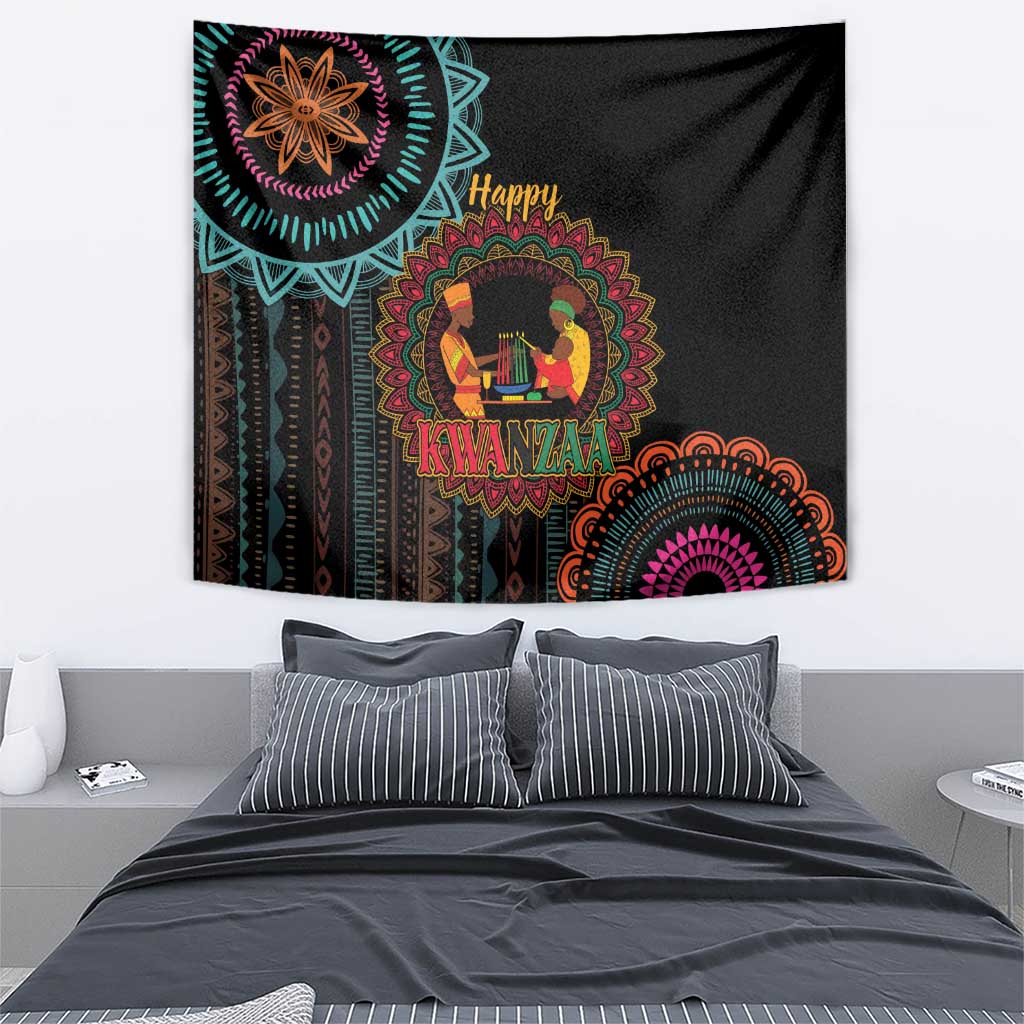 Black Kwanzaa tapestry with vibrant mandalas and “Happy Kwanzaa” lettering, candle motif