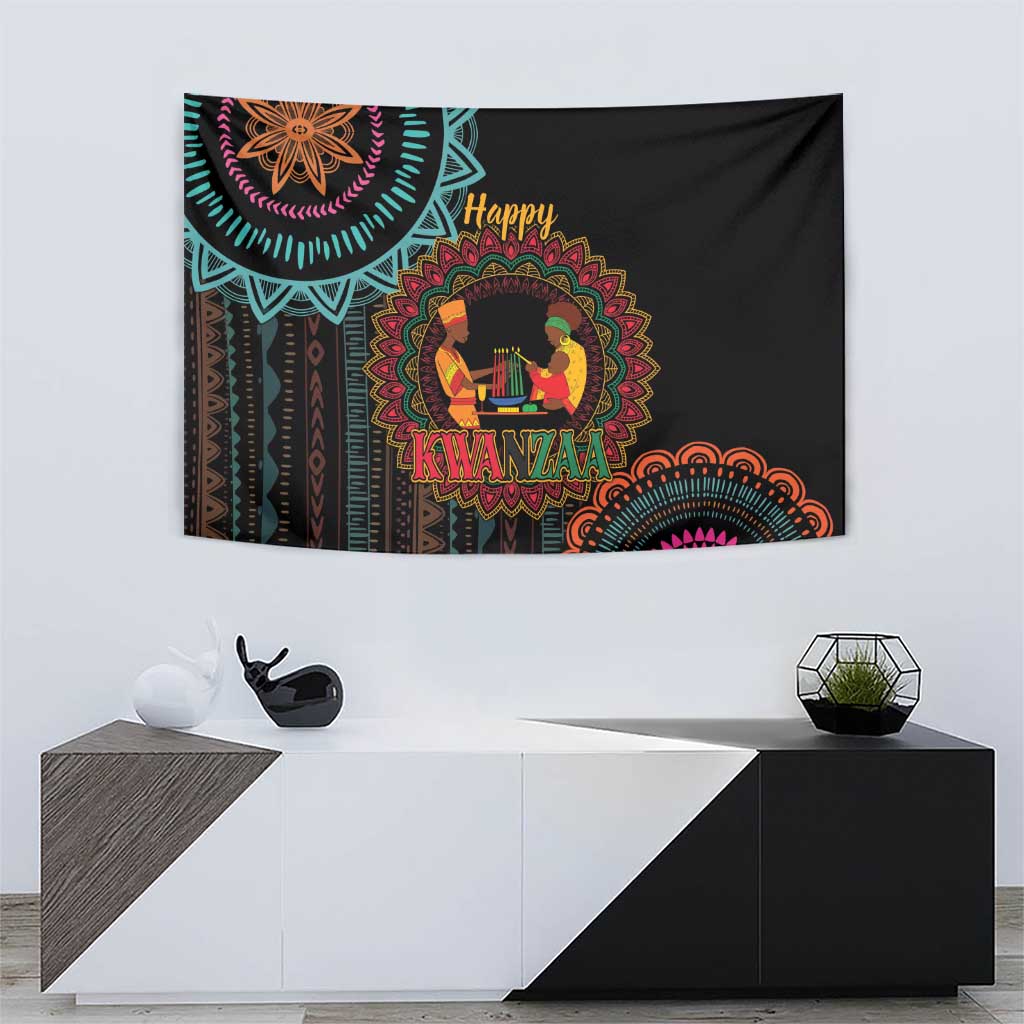 Black Kwanzaa tapestry with colorful mandala design and “Happy Kwanzaa” text, candle motif