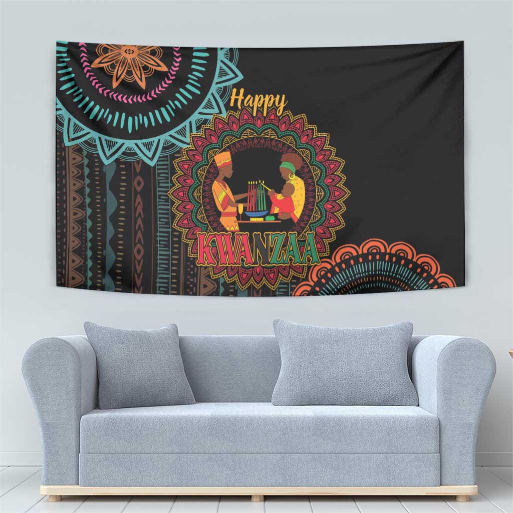 Black Kwanzaa tapestry with detailed mandala artwork and “Happy Kwanzaa” text, candle scene