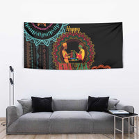 Black Kwanzaa tapestry with bold mandala patterns and “Happy Kwanzaa” text, kinara-style motif