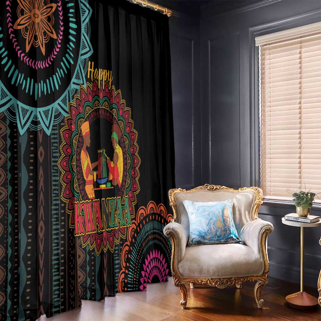 Black Kwanzaa window curtain panel with central figures and rainbow mandala details