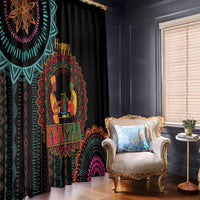 Black Kwanzaa window curtain panel with central figures and rainbow mandala details