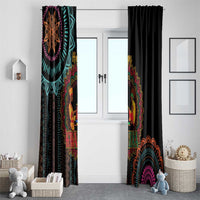 Black Kwanzaa window curtains with colorful mandala borders and seated figure artwork