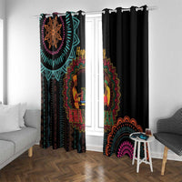 Black Kwanzaa window curtain pair with colorful rainbow arch and figure panel