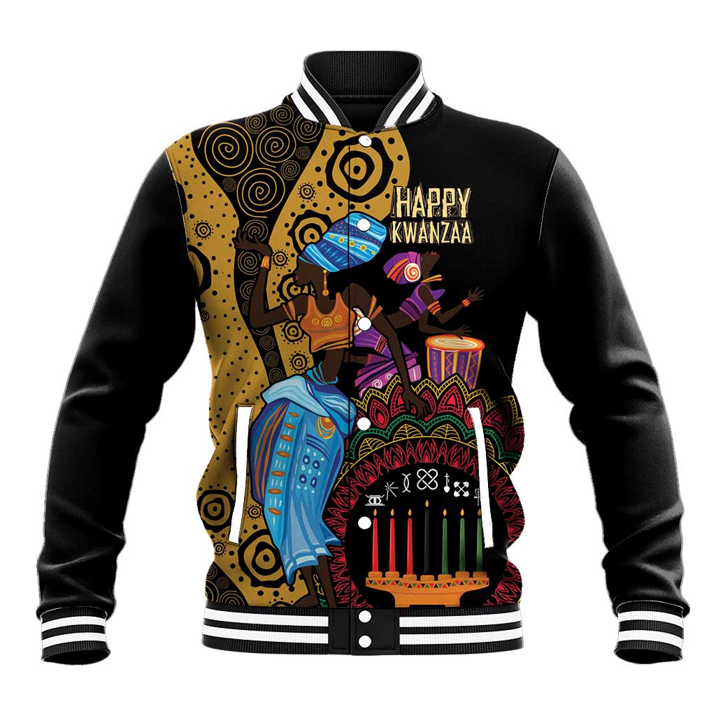 Black baseball jacket with striped ribbed collar and colorful Kwanzaa graphic on front