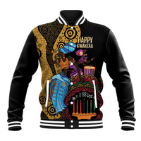Black baseball jacket with striped ribbed collar and colorful Kwanzaa graphic on front