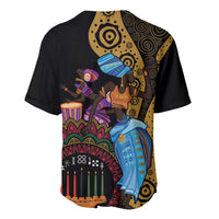 Black baseball jersey back view with Kwanzaa tribal dance artwork and candles