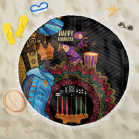 Tribal African beach blanket with fringe edge, black design and colorful Kwanzaa candles