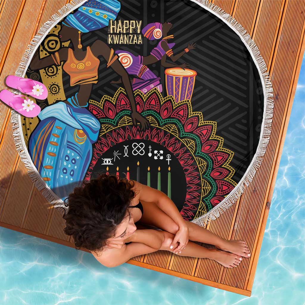 Round African beach blanket with white fringe and colorful Kwanzaa dancers on black