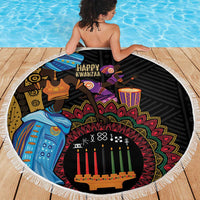 African round beach blanket with fringe trim, black Kwanzaa scene with candles
