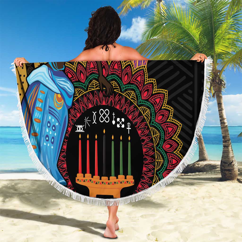 Tribal African beach blanket, round with white fringe, black Kwanzaa art and candles