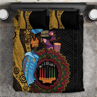 Black African Kwanzaa bedding set with tribal dancer artwork and patterned accent pillows