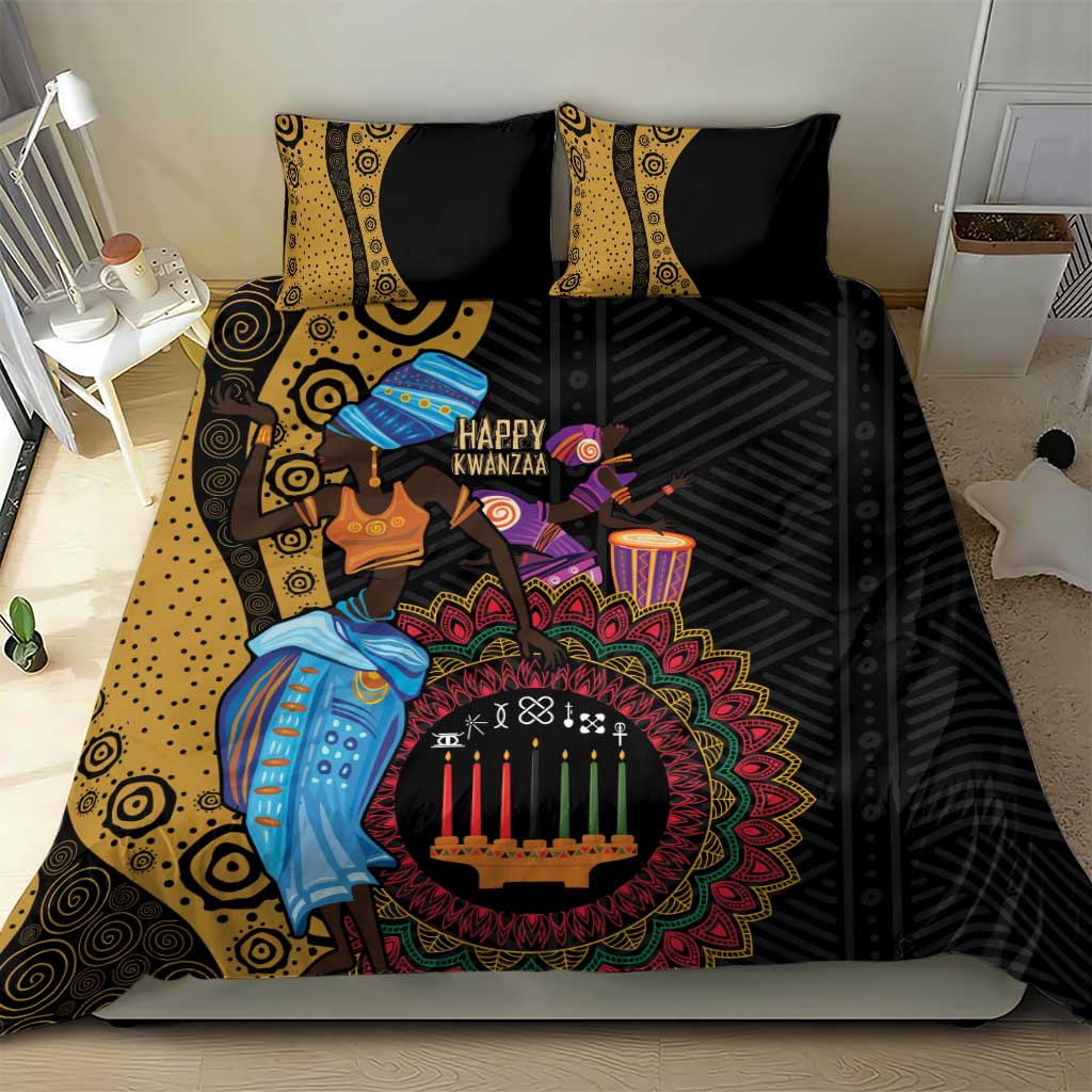 Black African Kwanzaa bedding set with yellow stripe accents and two matching pillows