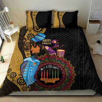 Black African Kwanzaa bedding set with yellow stripe accents and two matching pillows