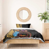 Black African Kwanzaa bedding set on wooden bed with two pillows and tribal motif