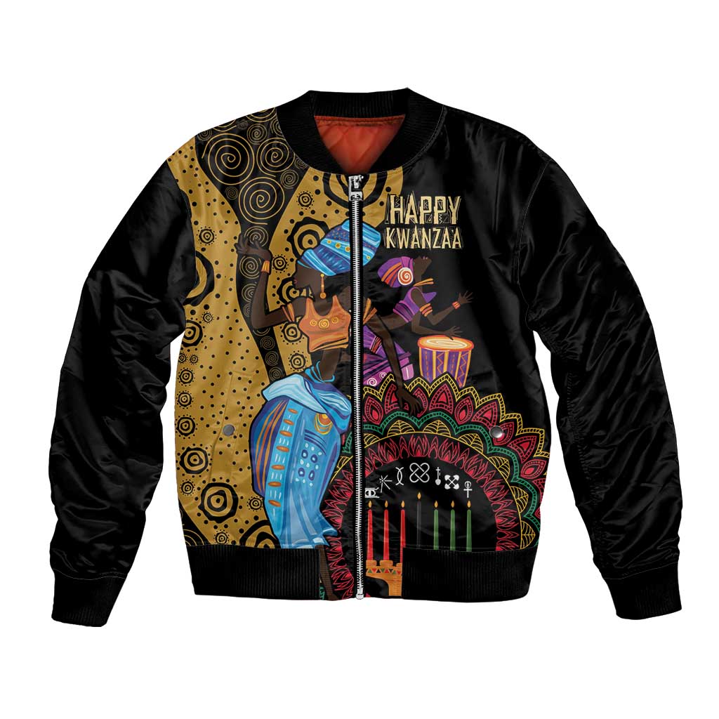 Black unisex bomber jacket with tribal Kwanzaa front graphic and ribbed trim