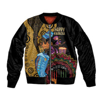 Black unisex bomber jacket with tribal Kwanzaa front graphic and ribbed trim