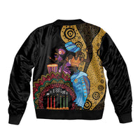Black unisex bomber jacket with tribal Kwanzaa back graphic and colorful figures