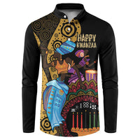 Black button-front sweatshirt with Happy Kwanzaa graphic and colorful people