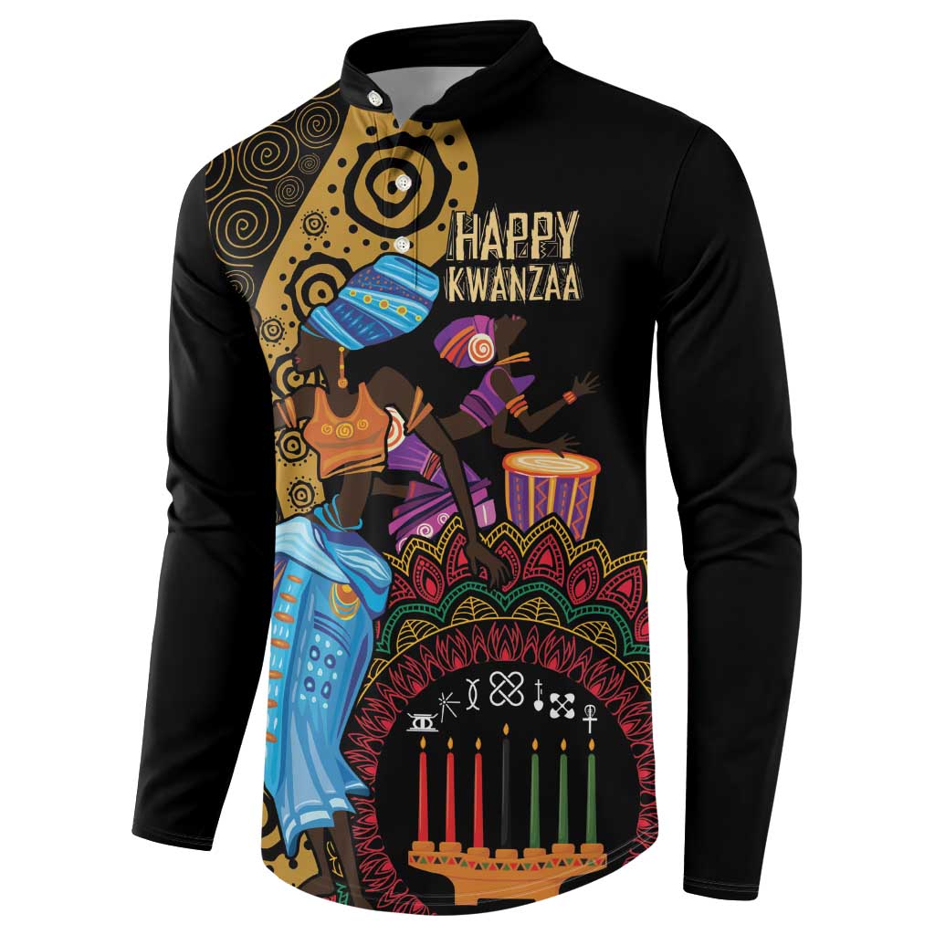 Black button-front sweatshirt with Happy Kwanzaa front graphic