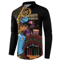 Black button-front sweatshirt with Happy Kwanzaa front graphic