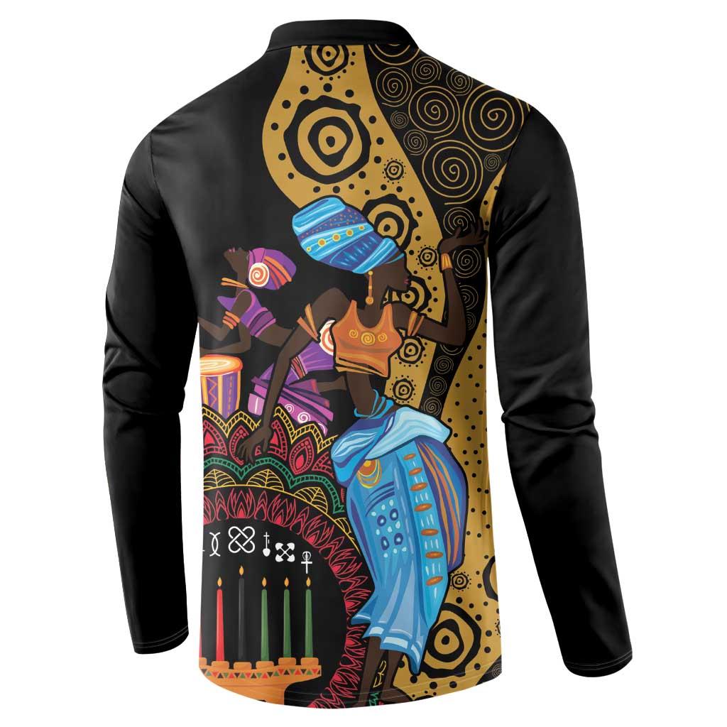 Black button-front sweatshirt with Happy Kwanzaa back graphic