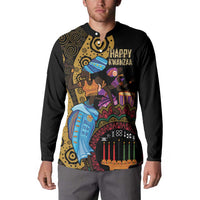 Black button-front sweatshirt, long sleeves, Happy Kwanzaa front graphic