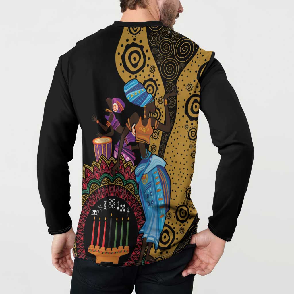 Black button-front sweatshirt with Happy Kwanzaa back graphic and candles