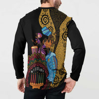 Black button-front sweatshirt with Happy Kwanzaa back graphic and candles