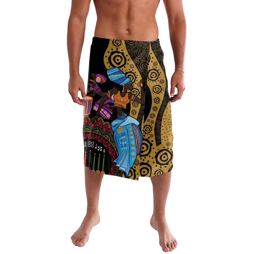 Tribal print wrap skirt with black waistband and colorful figures, knee length