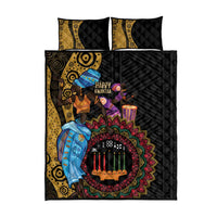 Black quilt bed set with central dancer design, colorful circular mandala, two pillow shams