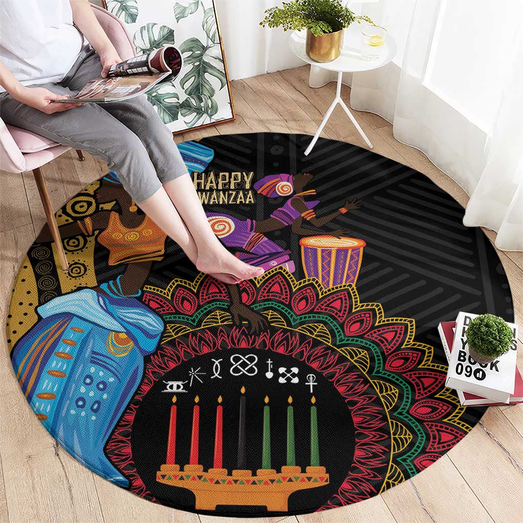 Black round carpet with vibrant tribal artwork, central candles, and decorative circular border