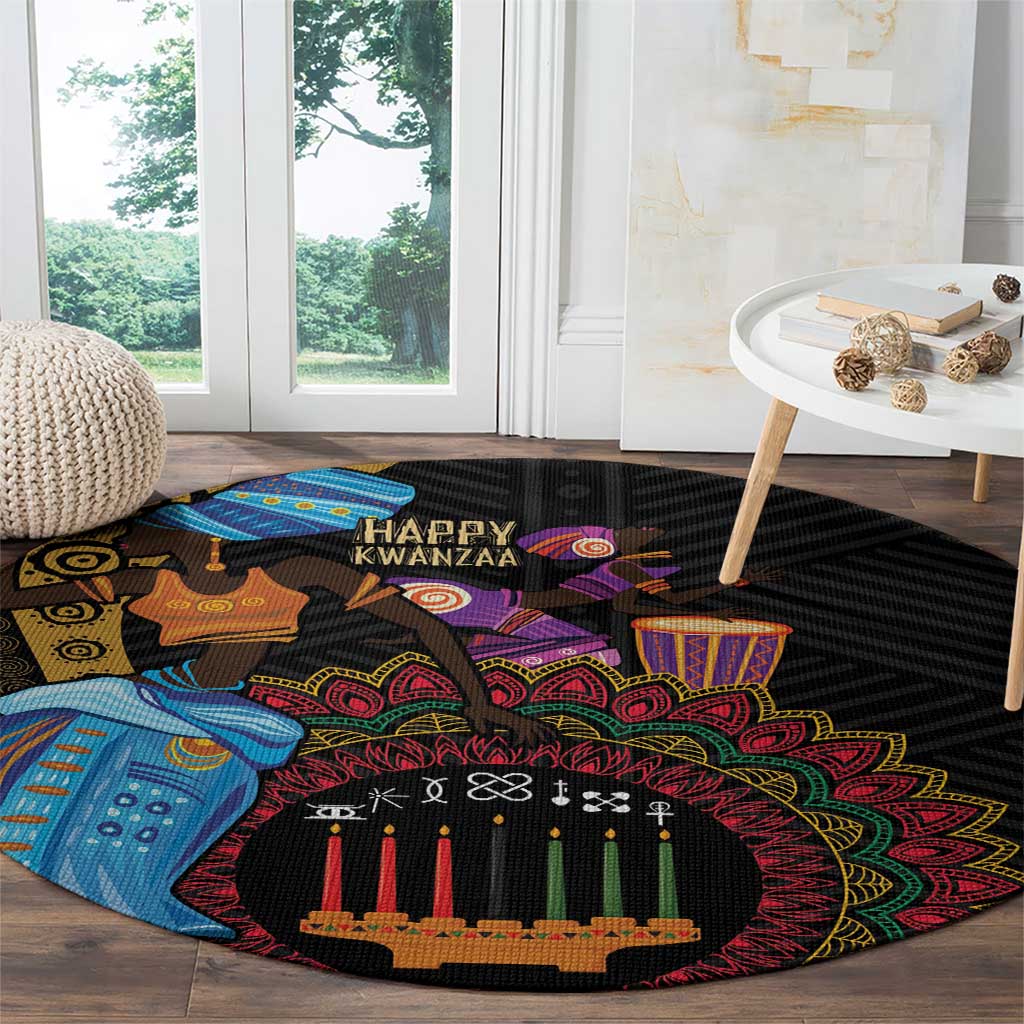 Black round tribal carpet with colorful circular border and candle centerpiece in living room