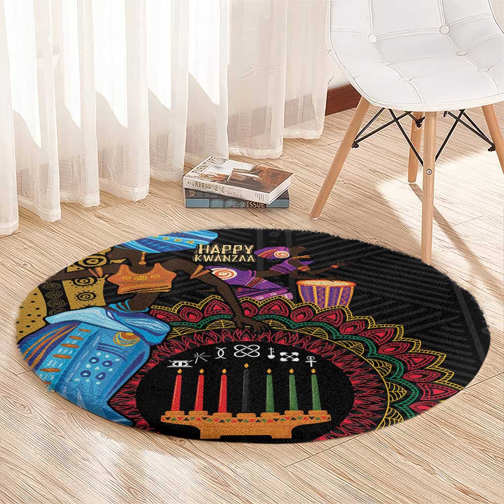 Black round carpet with colorful Kwanzaa tribal design, central candle row, patterned rim