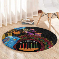 Black round carpet with colorful Kwanzaa tribal design, central candle row, patterned rim