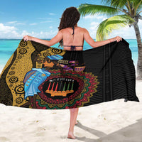 Black African sarong with colorful mandala circle, lanterns, and striped panels