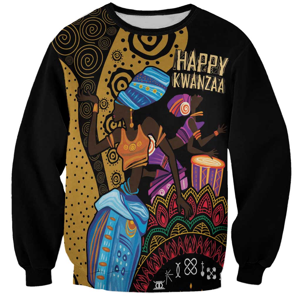 Black unisex sweatshirt with 'Happy Kwanzaa' tribal dancer front graphic and drums
