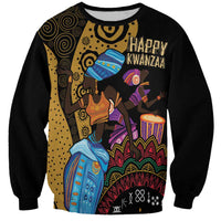 Black unisex sweatshirt with 'Happy Kwanzaa' tribal dancer front graphic and drums