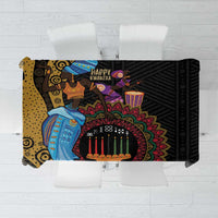 Black African tribal print tablecloth with multicolor dancer and candle graphic