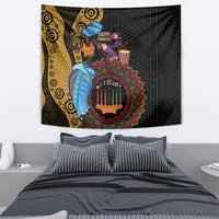 African Kwanzaa wall tapestry featuring figures, candle motif, and ornate tribal design